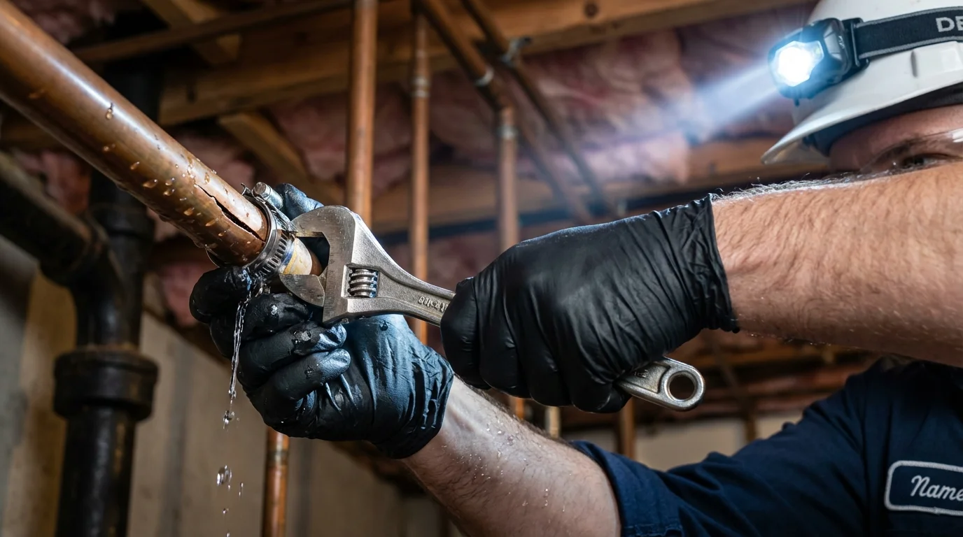 Emergency pipe clamp repair being performed by a Johns Plumbing LLC plumber in Idalou