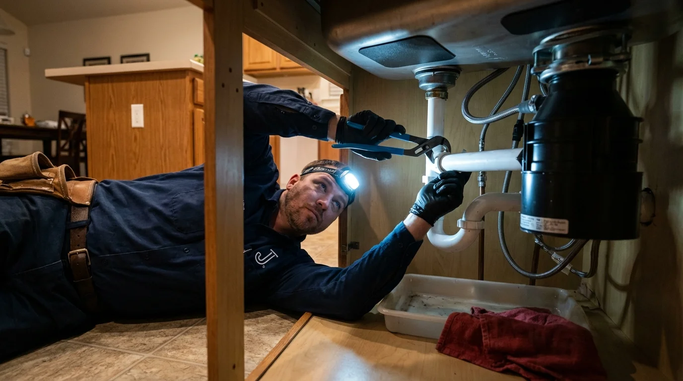P-trap and supply line connections under a kitchen sink showing a common leak point in Idalou, TX